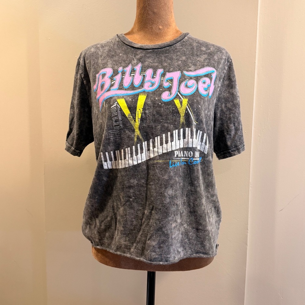 Billy Joel Graphic Tee Women M Gray Acid Wash Piano Man Live In Concert Boxy